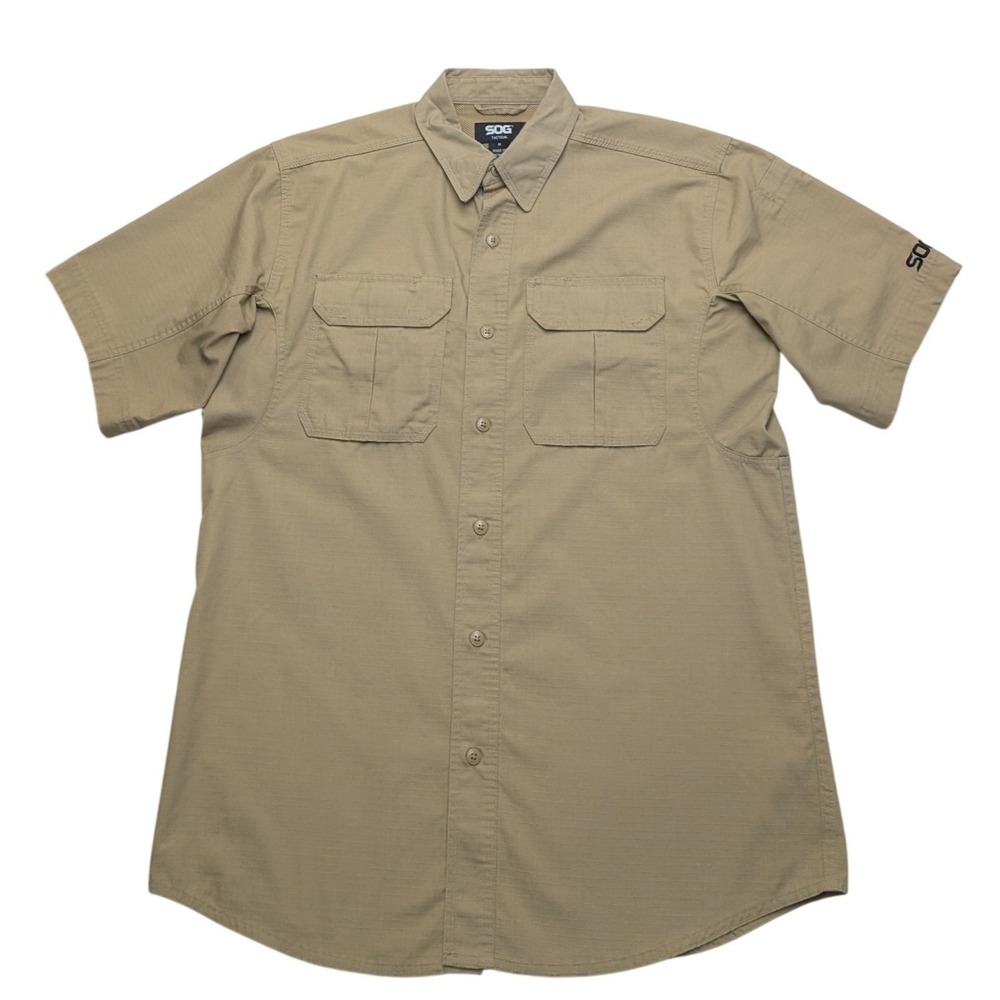 SOG Tactical Shirt Mens Medium Khaki Ripstop Short Sleeve Button Up M560207